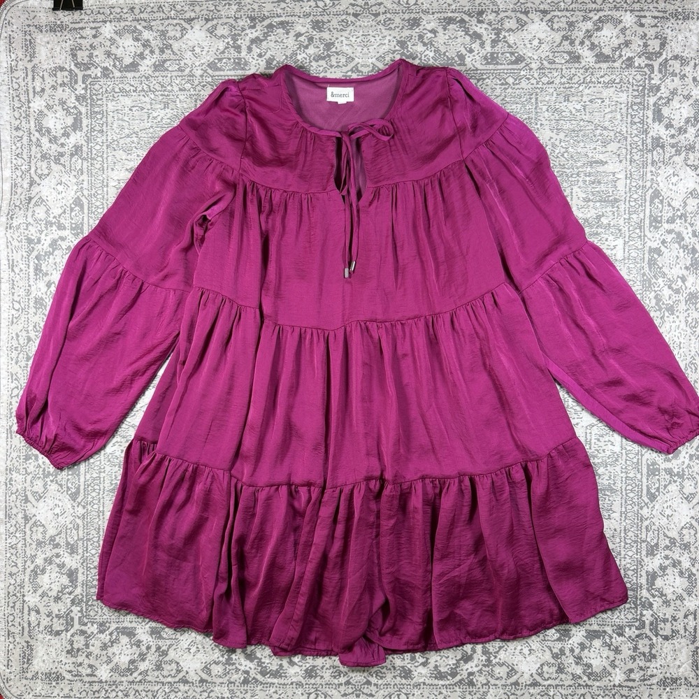 &Merci Women's size Large Tiered Midi Magenta Pink Long Sleeve Puff Flowy Dress